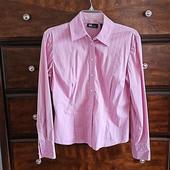 INC International Concepts Tops - INC Stretch Button Down Shirt, Pink w/White Stripes, Size 6